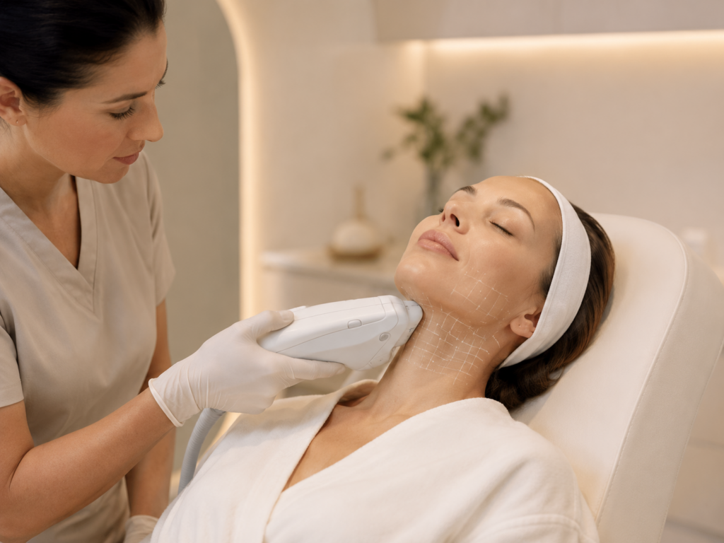 Ultraformer MPT HIFU treatment to the neck, with the treatment area mapped out