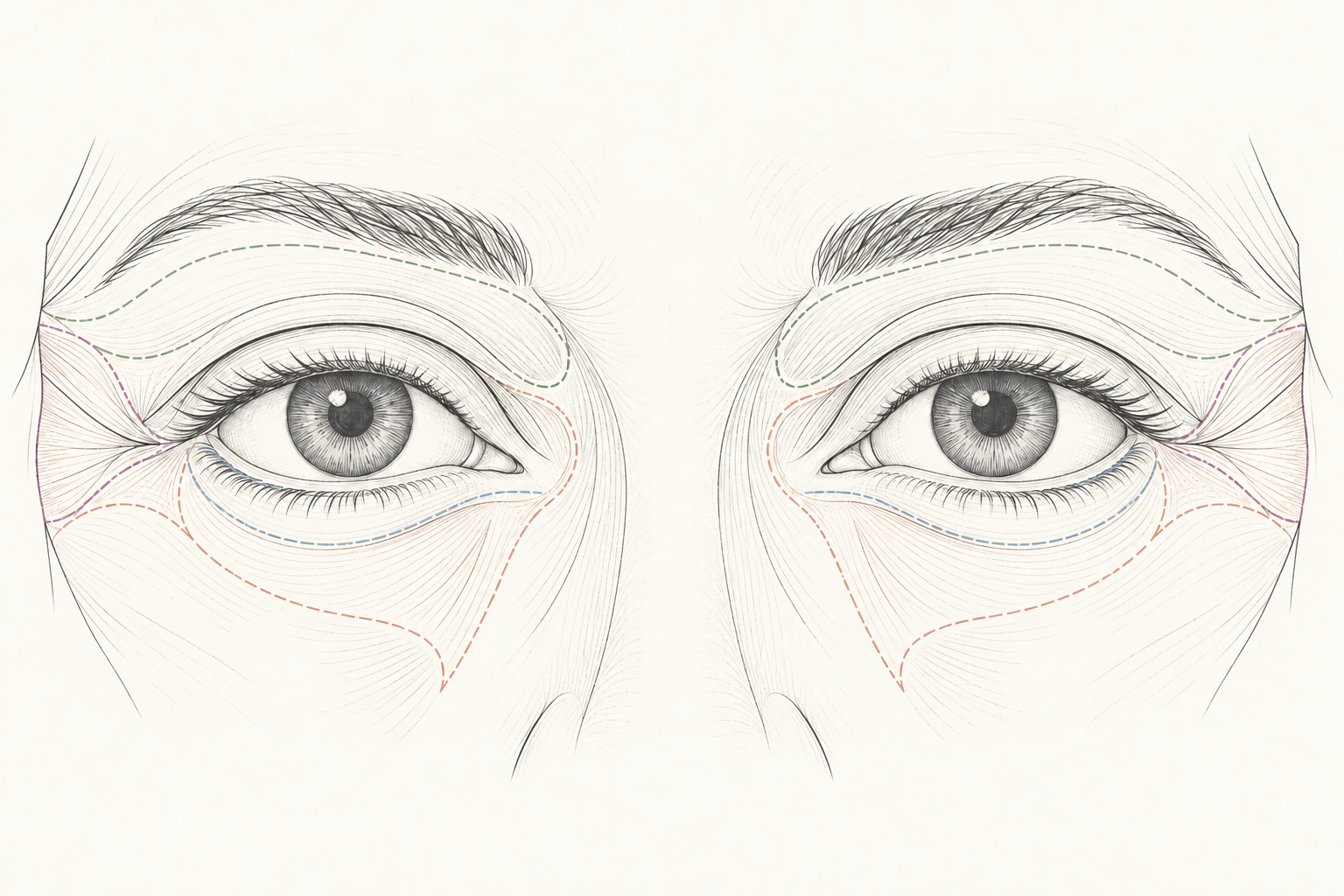 Front-on line diagram showing the brow, upper eye, outer eye and under-eye assessment areas