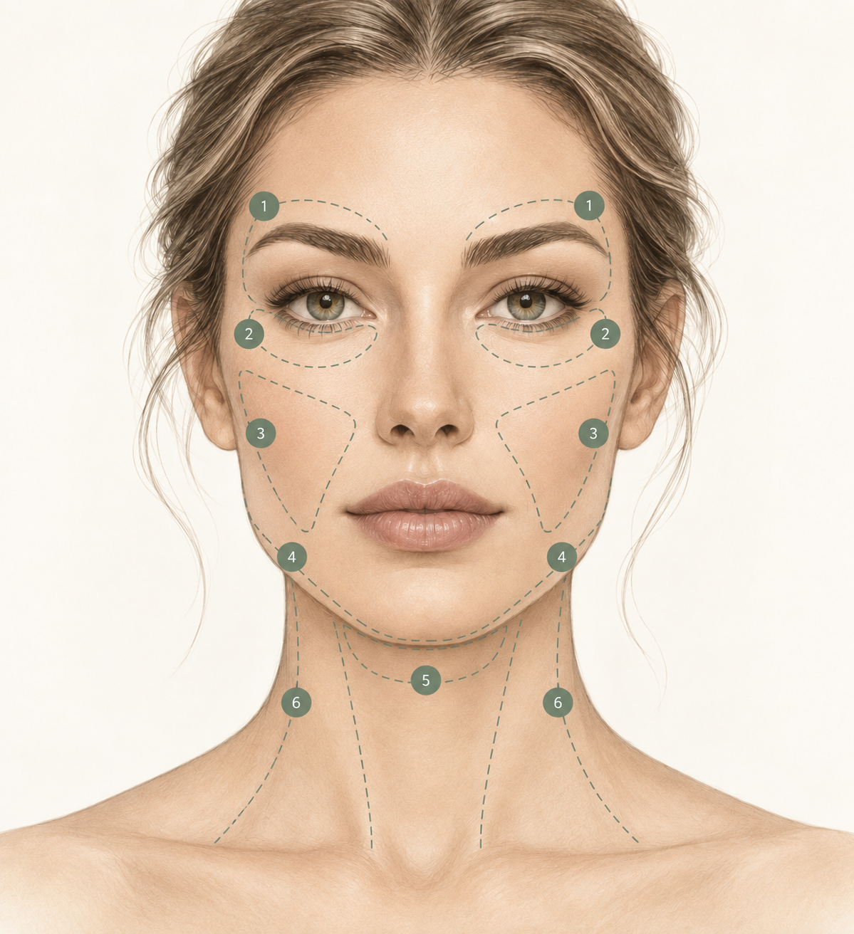 Front-facing illustrative woman with subtle outlined HIFU assessment areas at the brow, eye area, cheek, lower face, under-chin and neck