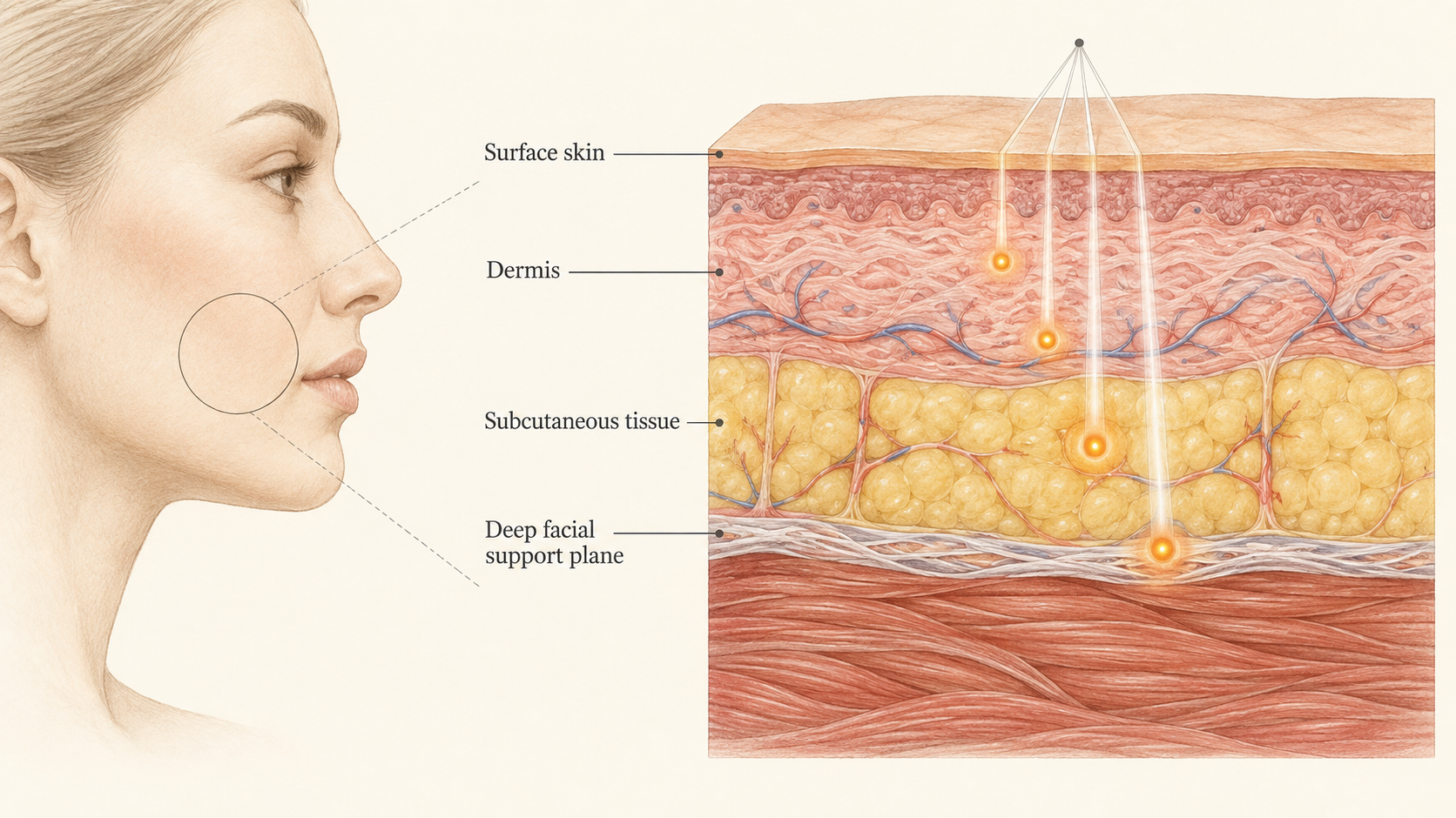 Illustrative local facial tissue cross-section showing the skin surface, dermis, subcutaneous tissue and a deeper facial support plane
