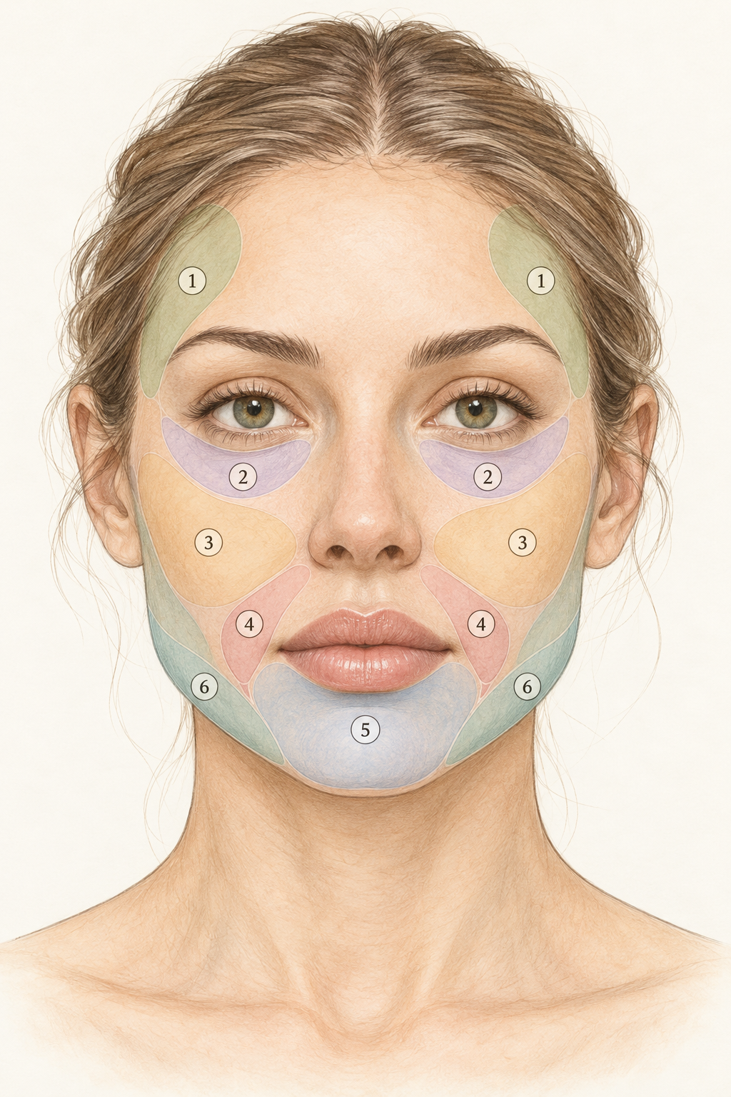 Illustrated front-facing facial map showing commonly assessed areas: temples, under-eye area, cheeks, smile-line area, lips and chin, and jawline.