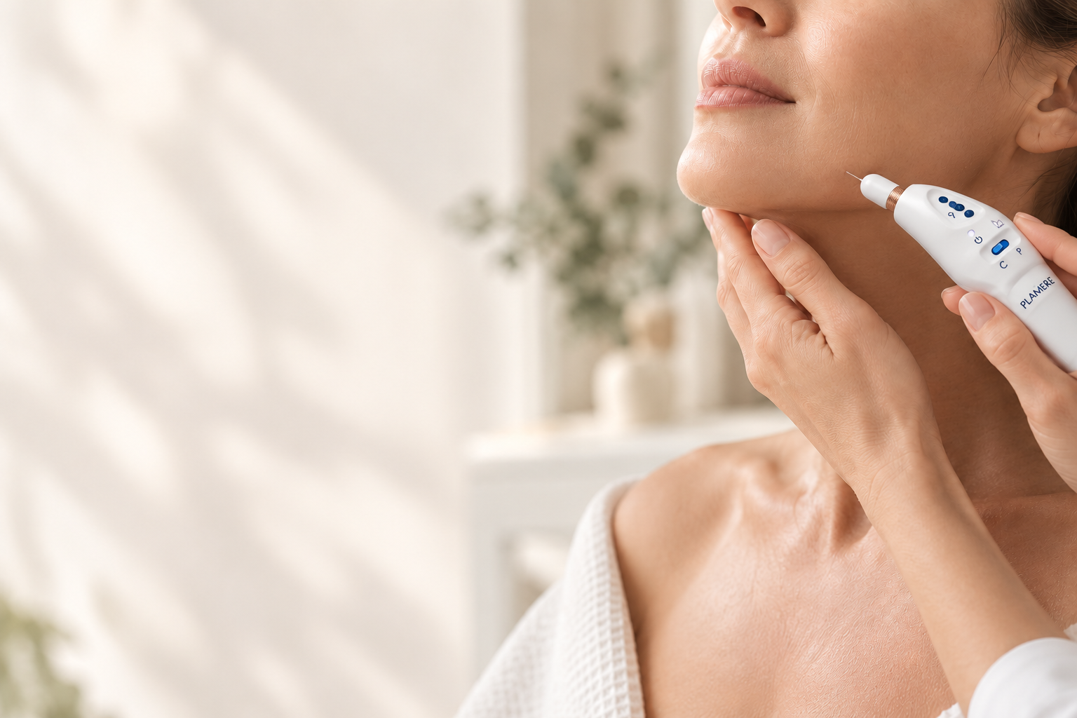 Plamere plasma device held near a patient’s jawline during a consultation-led treatment